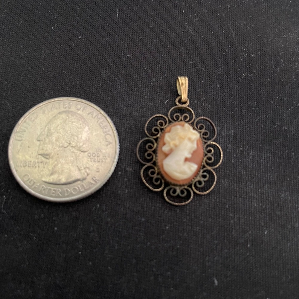 Vintage Carved Shell Cameo Pendant Gold Tone Filigree Scrollwork Frame Oval